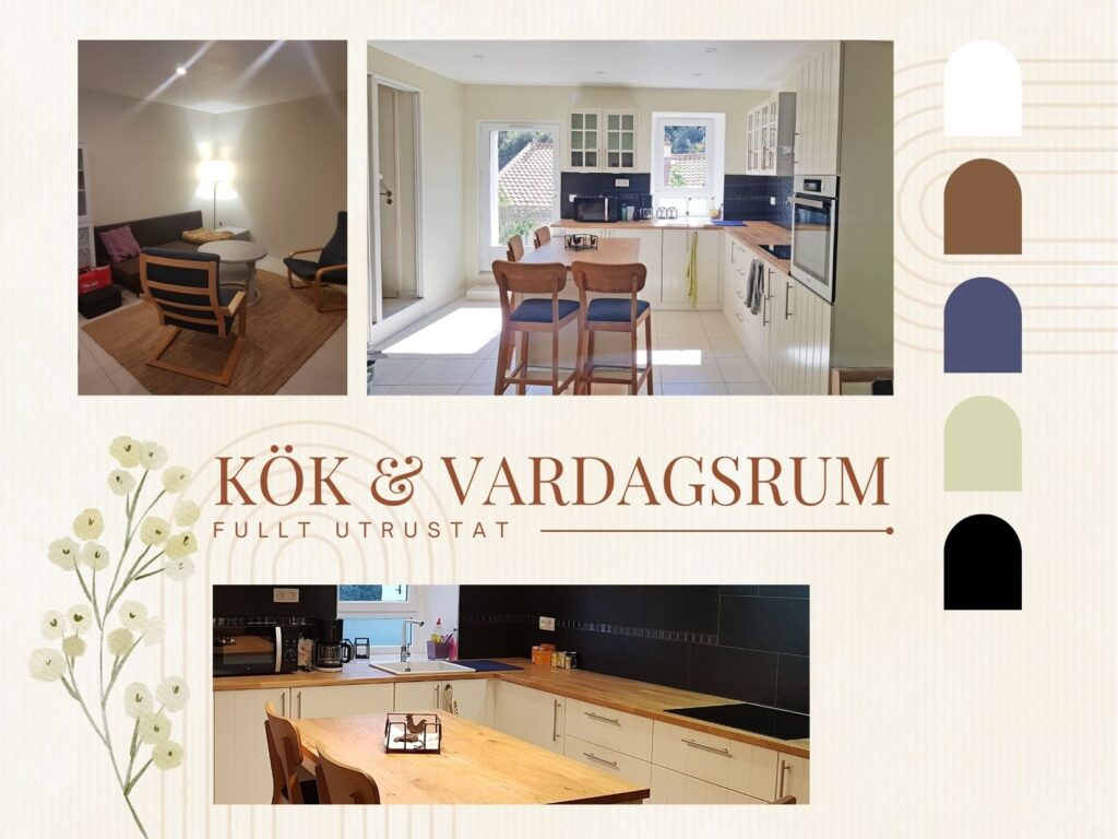 Köksö med träskiva framför L-formad köksbänk med ekskiva, svart kakelvägg, vita skåpfront.